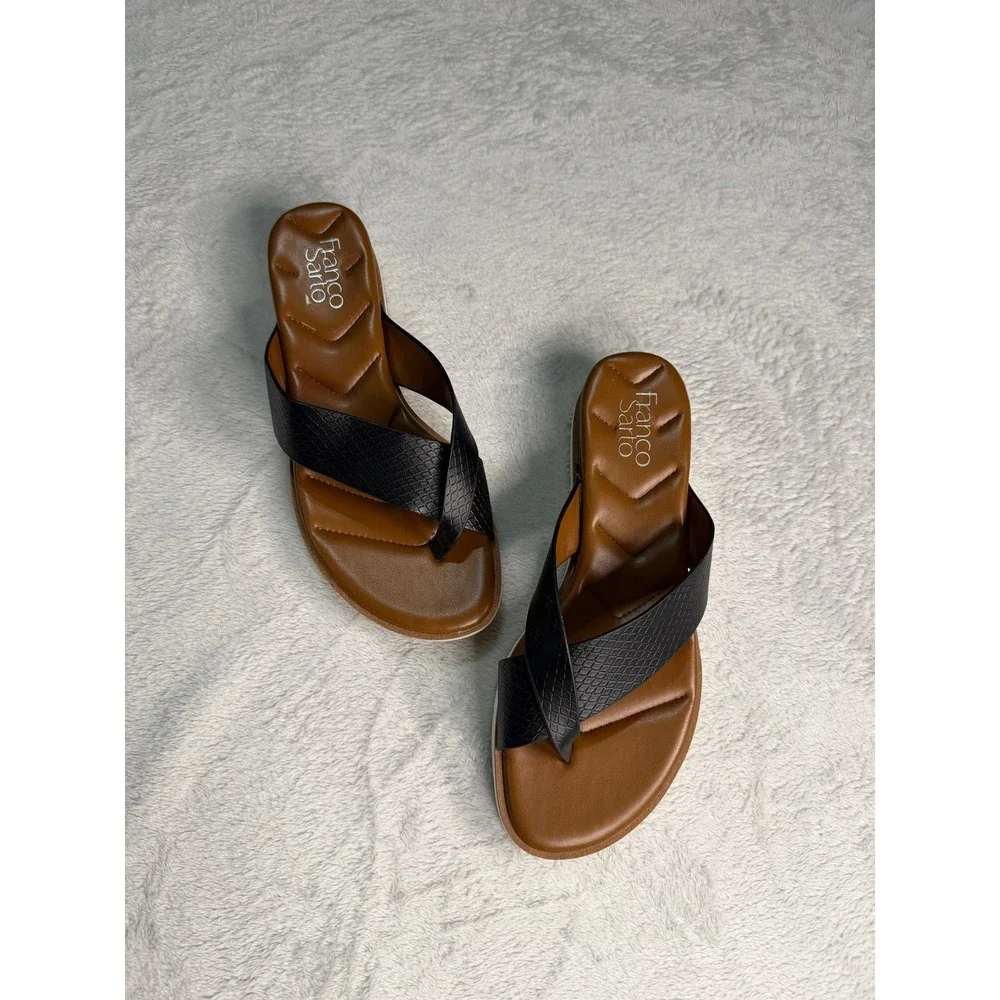 Franco Sarto Darious Black Snake Print Toe Loop Wedge Sandals Womens 8.5M